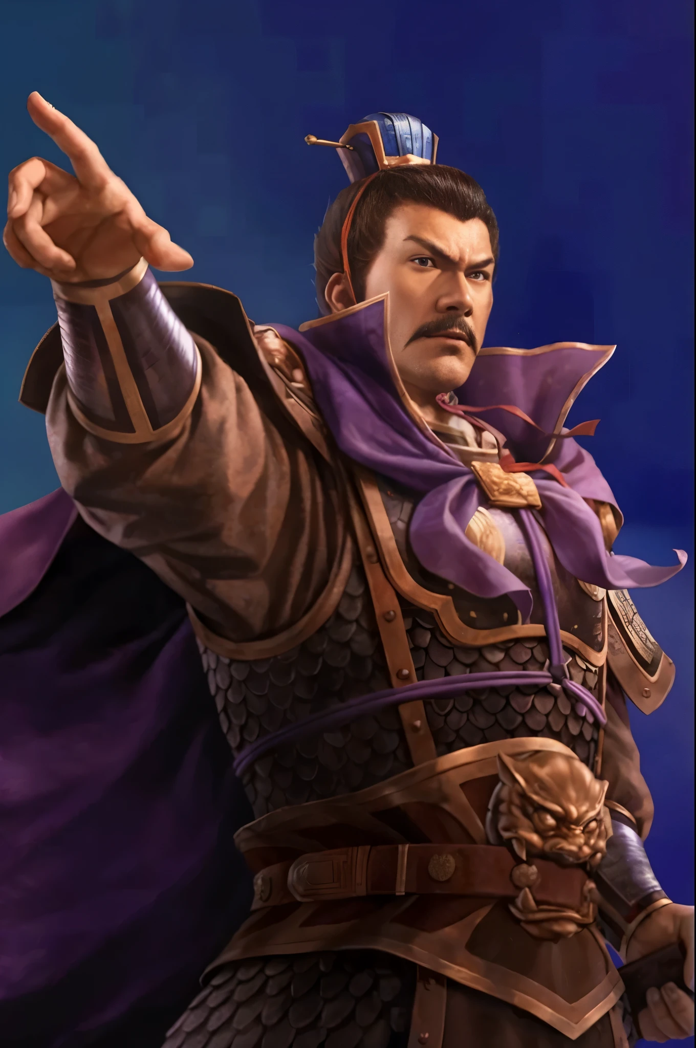 Close-up of a man in a purple cloak pointing at something, bian lian, feng shu, Nalanbato Gumbold, shirow masamune, lei jin, heise jinyao, Inspired by Cao Zhibai, Shinro Mori, liang xing, Inspired by Li Kan, pan ren wei, jin shan, Guan yu