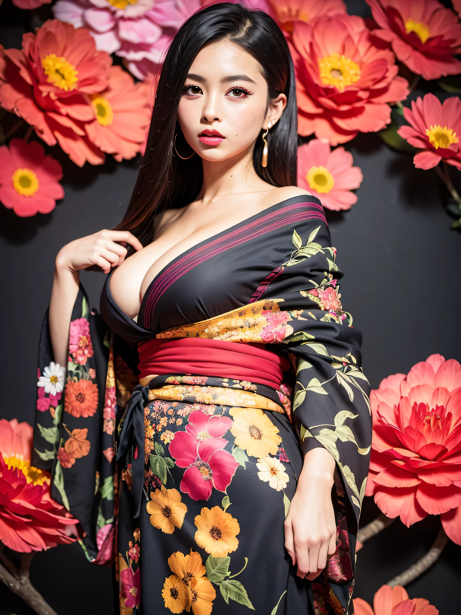 masterpiece, best quality, highres, 4k, 8k, ultra detailed, absurdres,vivid contrast, vibrant colors, full body,1girl, black hair, japanese clothes, solo, kimono, long hair, makeup, hair ornament, red eyes, floral print, looking at viewer, red lips, lipstick, black kimono, flower, fingernails, floating hair, upper body, off shoulder, eyeshadow、valley、big breasts、flowers in background