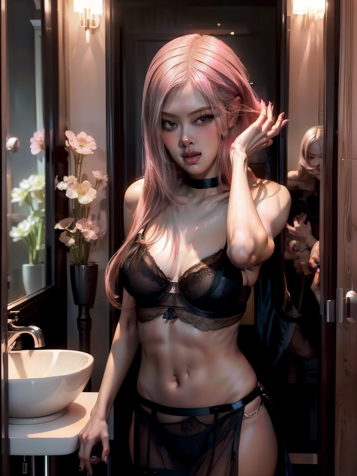 araffed woman in a black lingerie posing in a bathroom, black bra, very sexy woman with pink hair, man grabbing tits, sultry and beckoning, thin black lingerie, sexy girl, in a black betch bra, seductive lady, seductively looking in front, sexy girl with pink hair, beautiful female model, wearing sexy lingerie, fullnude