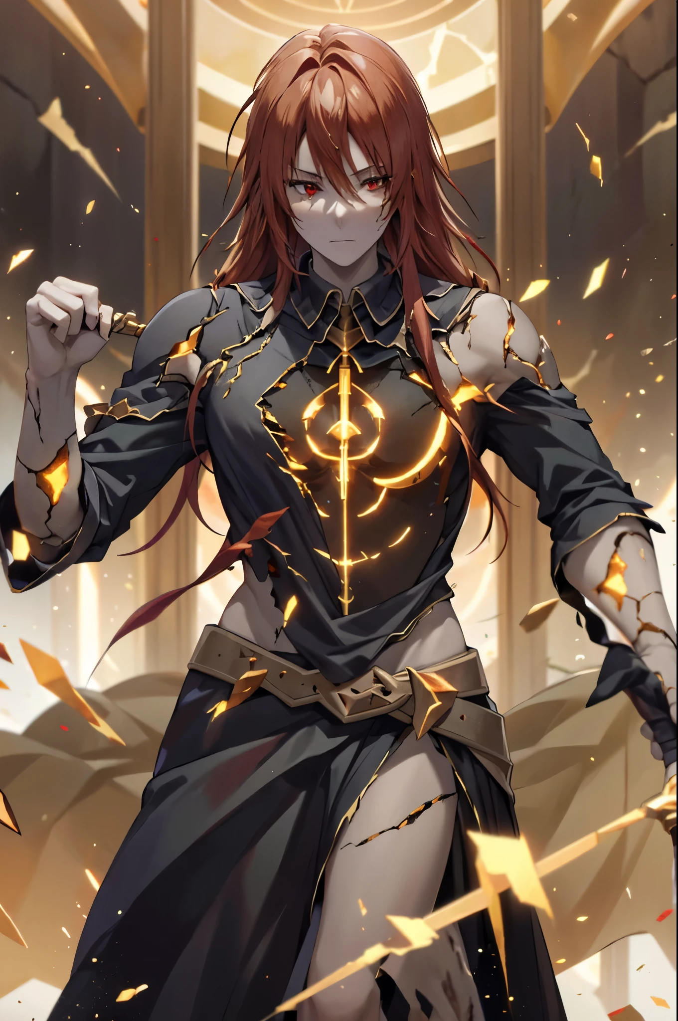 radagon shatteredradagon unbrokenradagon eldenring marikahammer golden cracks cracked skin,red hair,red eyes
