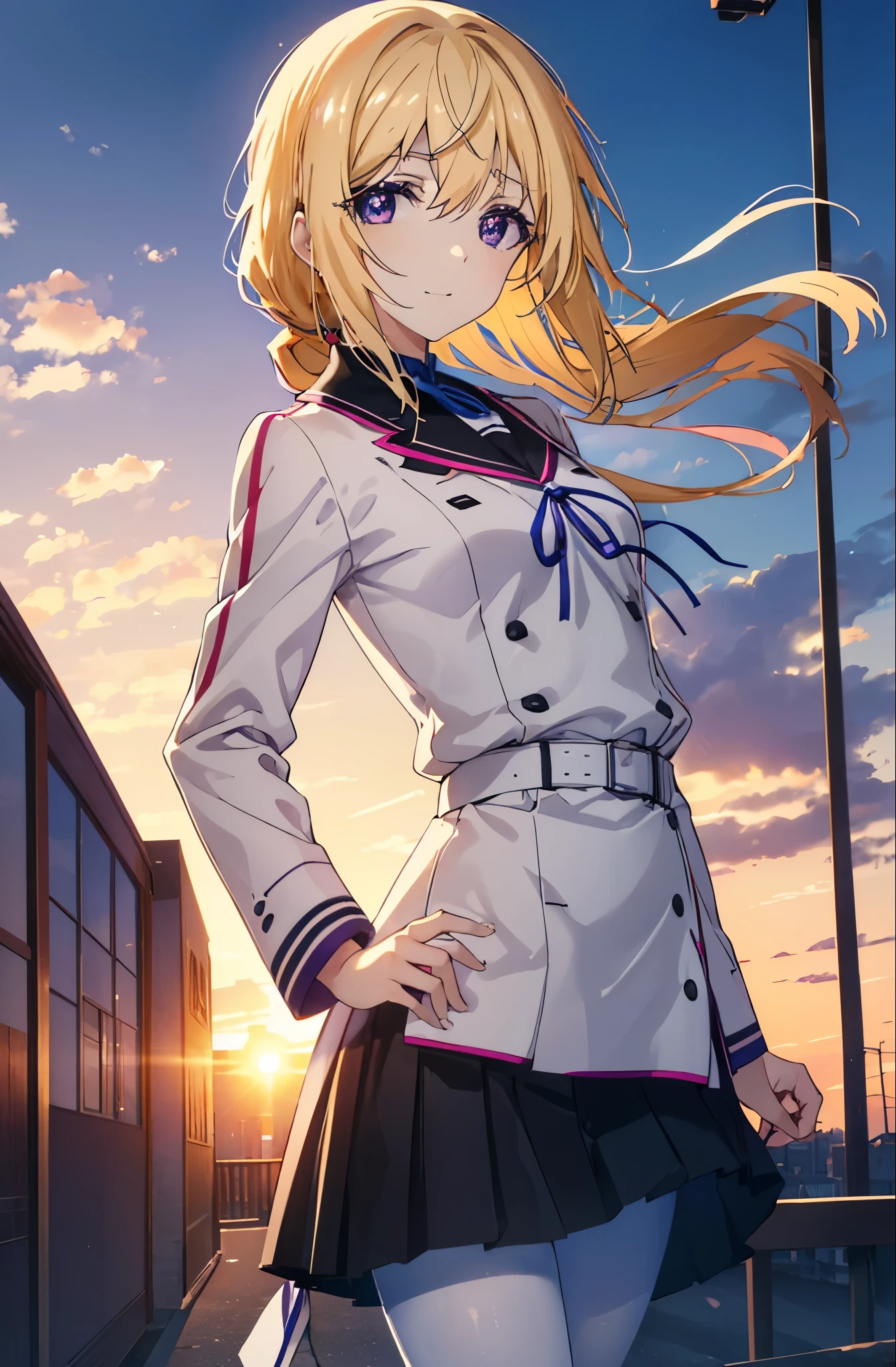 charlotte denois, Charlotte Dunois, long hair, blonde hair, ribbon, (purple eyes:1.1), ponytail,happy smile, smile, open your mouth, break , japanese high school girl uniform(black sailor suit),black pleated skirt,white pantyhose,brown loafers,walk,sunset,evening,the sun goes down, break putdoors, city,building street, break looking at viewer, (cowboy shot:1.5), break (masterpiece:1.2), highest quality, High resolution, unity 8k wallpaper, (shape:0.8), (fine and beautiful eyes:1.6), highly detailed face, perfect lighting, Very detailed CG, (perfect hands, perfect anatomy),