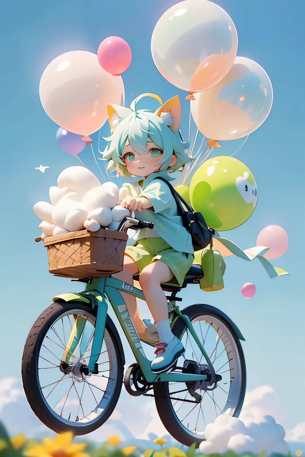 一名5岁男孩Riding a bicycle往前冲，Riding a bicycle，Colorful balloons floating in the sky, carrying a bag，cute cat，Wearing green striped long sleeves，green shorts ，Green Gaobang Socks，green high top shoes，full body pictures, A cute smile on his face，Handsome short hair，Background blue sky and white clouds，happy, happy, Perfect quality, Clear focus (clutter - home: 0.8), (masterpiece: 1.2) (actual: 1.2) (Bokeh) (best quality) (Delicate skin: 1.3) (intricate details) (8K) (Detailed eyes) (sharp focus), (happy)