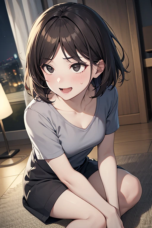 koganetsukioka, kogane tsukioka, (brown eyes:1.5), brown hair, hair tie, ponytail,
BREAK bare legs, blue skirt, collarbone, collared shirt, miniskirt, shirt, short sleeves, skirt, tented shirt, tied shirt, tight clothes, tight shirt, white shirt, wing collar,
BREAK looking at viewer,
BREAK outdoors,
BREAK (masterpiece:1.2), best quality, high resolution, unity 8k wallpaper, (illustration:0.8), (beautiful detailed eyes:1.6), extremely detailed face, perfect lighting, extremely detailed CG, (perfect hands, perfect anatomy),(white panties:1.5), perineum, groin, (sitting on floor), skirt lift, leg up, spread legs, (short, tiny, little:1.5), smile, open mouth, from below, dutch angle