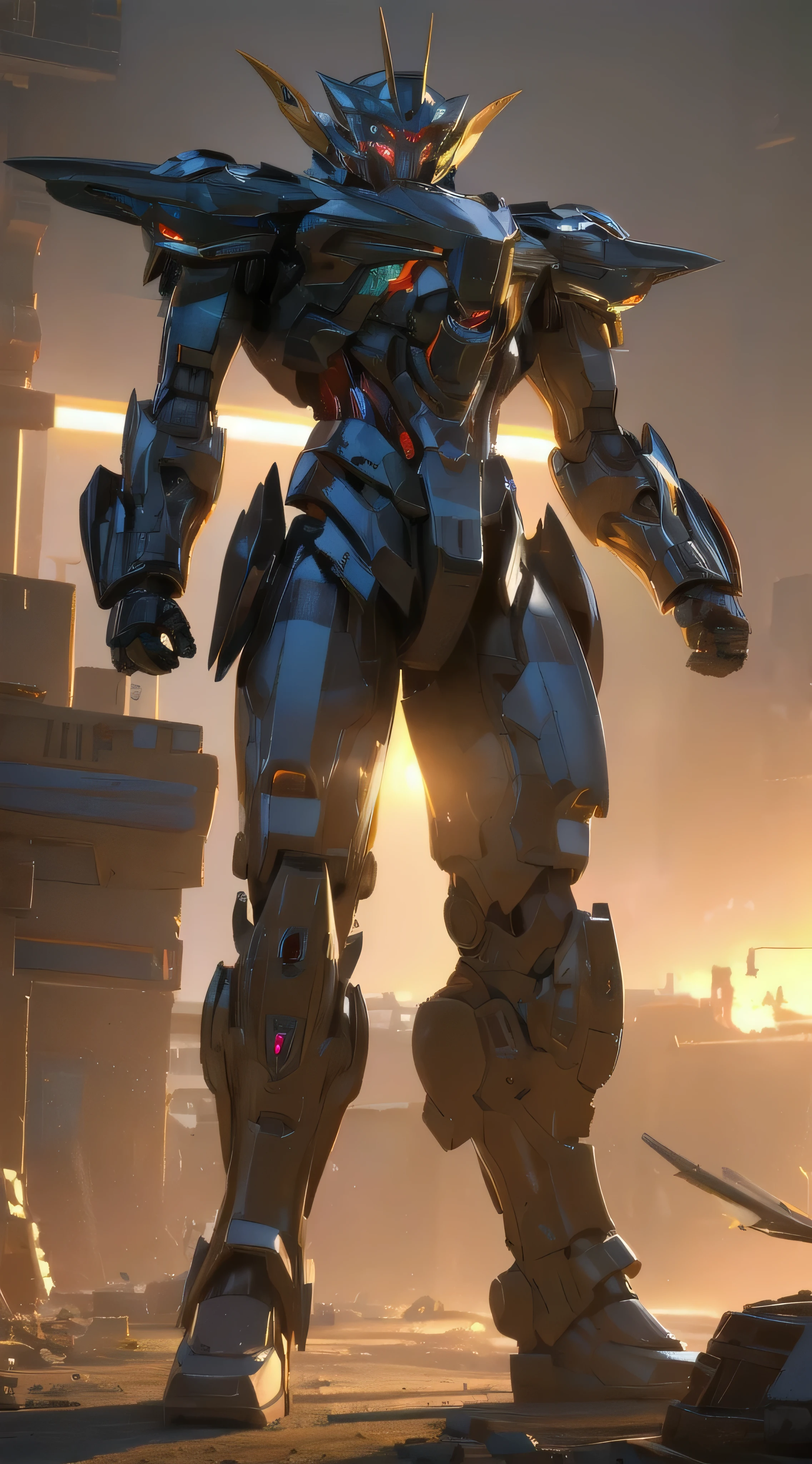 (an 8K,highres,ultra-detailed,masterpiece:1.2) cyborg warrior with a metallic body and glowing red eyes, (realistic,physically-based rendering) reflecting light in a mesmerizing way. Equipped with a powerful arsenal of futuristic weaponry, this (ultra-fine painting) masterpiece portrays the ultimate fusion of technology and warfare. The robotic soldier stands tall, with intricate (mechanical joints and pistons), radiating strength and power. Its (sharp focus) showcases the most intricate details of its armor, accentuating the futuristic design. The background is a dystopian cityscape, bathed in (vivid colors) that contrast the cold metallic hues of the robotic warrior. The lighting is (studio lighting:1.1), casting dramatic shadows and enhancing the overall atmosphere. With an influence from (sci-fi) and (concept artists), this artwork transports us to a world where advanced technology and art converge, captivating our imagination and blurring the lines between reality and fantasy.