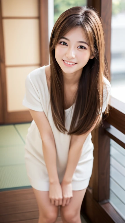 (Highest quality, 32k, High resolution, masterpiece:1.5, ), Memorable photos in abstract style, ((In a swirl of fantastic pastel colors and soft light)), Evokes a sense of calming serenity and elusive beauty, Very rich emotional expression, Have a rich imagination, Cute Japanese Girl, Full Body Shot, Hunchback, Very beautiful face, Magic big eye, A kind smile, Motherhood and generosity, Overflowing affection, ((Shiny brown hair)), Beautifully styled silky medium-long hair, Asymmetrical bangs, Hair between the eyes, transparent, soft, White skin, skinny, Neat, Thin eyebrows, double eyelid, Pale pink lips detail, ((Full nudity)), High resolutionの完璧な鎖骨, High resolutionの美しい胸元, A slender body with small, shapely breasts, High resolutionの美しい太もも, Thin pubic hair, Beautiful Vagina,Clearly visible anus, Bedroom, Soft sunlight, Professional Lighting, Professional Photographer, Professional models,mysterious、Sit on a chair with your legs spread