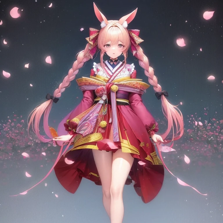 masterpiece, highest quality, (Highly detailed CG unit 8k wallpaper) (highest quality), (best illustrations), (best shadow) A beautiful girl wearing rabbit ears under a cherry tree with falling cherry blossom petals, a twin-tailed braided hairstyle, pink hair color, two-dimensional red eyes, wearing a Taisho romantic hakama.　The hakama is a skirt-like pant worn with a kimono the skirt is dark purple red and white checked kimono alone