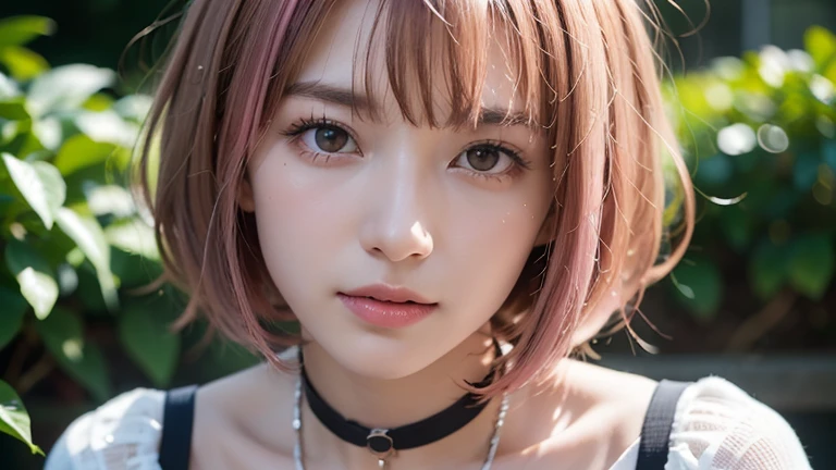 (bob cut hair, pink hair:1.2),(wearing a choker, wearing a blouse:1.2),1 girl,Japanese,21 years old,(small breasts:1.3),(highest quality,masterpiece:1.3,超A high resolution,),(Super detailed,caustics),(Photoreal:1.4,RAW shooting,)ultra-realistic capture,very detailed,High resolution 16K human skin close-up。 natural skin texture、,The pores are、、、、、Must be detailed enough to be easily identified。 Skin should look even-toned and healthy。 Use natural light and color, sad expression, look at the camera, perfect dynamic composition, outdoor
