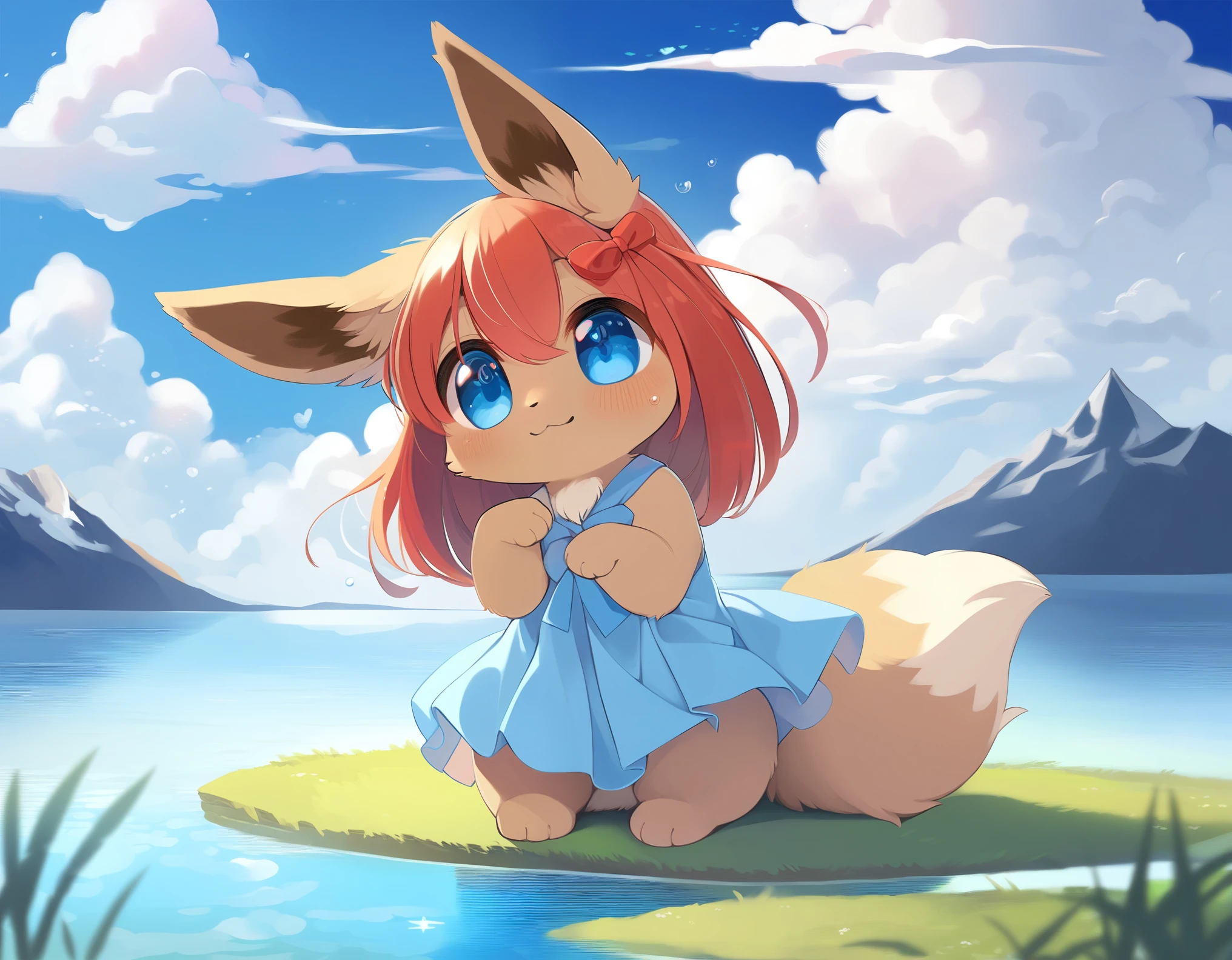 an adorable young (feral) kemono eevee, tiny little fluffy girl with a red hair ribbon and a cute little (dress, clothed feral:1.2), she is sitting on a tuft of grass and she has an adorable expression that makes you say (daww), with big (blue eyes) and (dilated pupils) she melts your heart, <3, she is in front of a beautiful background comprising of a sparkling (lake), a tall (mountain), a clear blue sky and vast (cumulonimbus clouds), her long brown fur swaying in the wind. detailed background, masterpiece, best quality