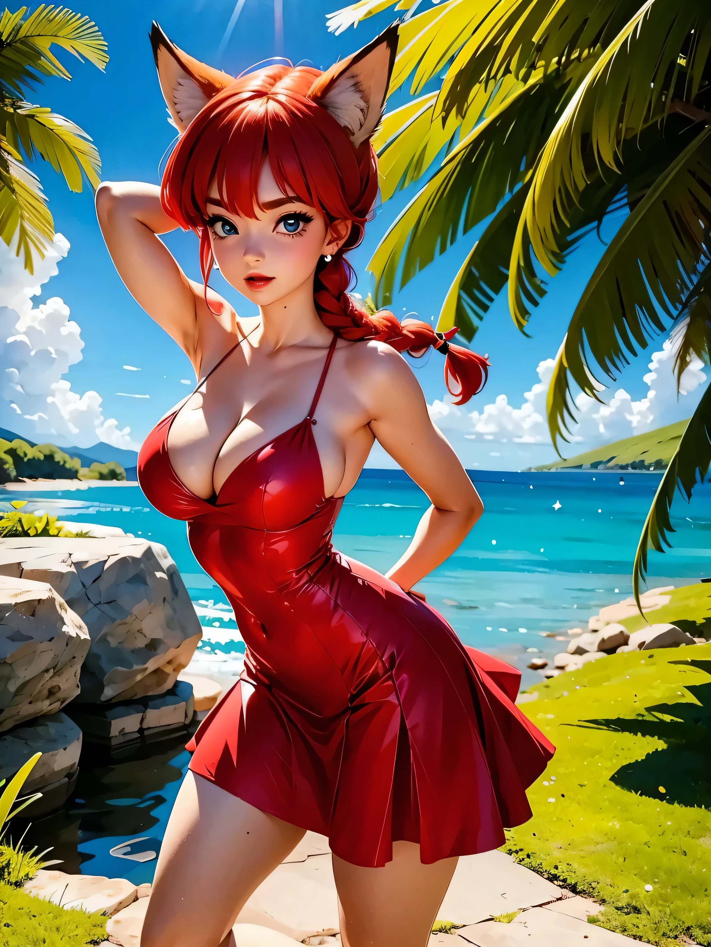 Garota anime ruiva com ears fox, with red dress and sunglasses, sunglasses, 15 anos, corpo bonito, seios grandes, with hands behind head, running your hands through your hair, Garota sexy, red hair with braid, mechas de cabelo laterais, mechas de cabelo na lateral do rosto, beautiful lighting, sombras suaves, olhos azuis, pernas bonitas, short hair with braid, estilo anime, Ranma Chan, Autora Rumiko Takahashi, Baseado em obra de Rumiko Takahashi, Anime Ranma 1/ 2, decote sexy, quadril robusto, corpo inteiro, corpo inteiro, busto grande, garota jovem com orelhas de raposa, corpo belo e bonito, sandals on his feet, garota 15 anos jovem baixa estatura, wearing red dress and sunglasses, sunglasses, garota anime, estilo anime, beautiful feet in sandals, front view angle, ao ar livre, red hair braid, ears fox, postura ereta, corpo em postura reta, olhos grandes, quimono red