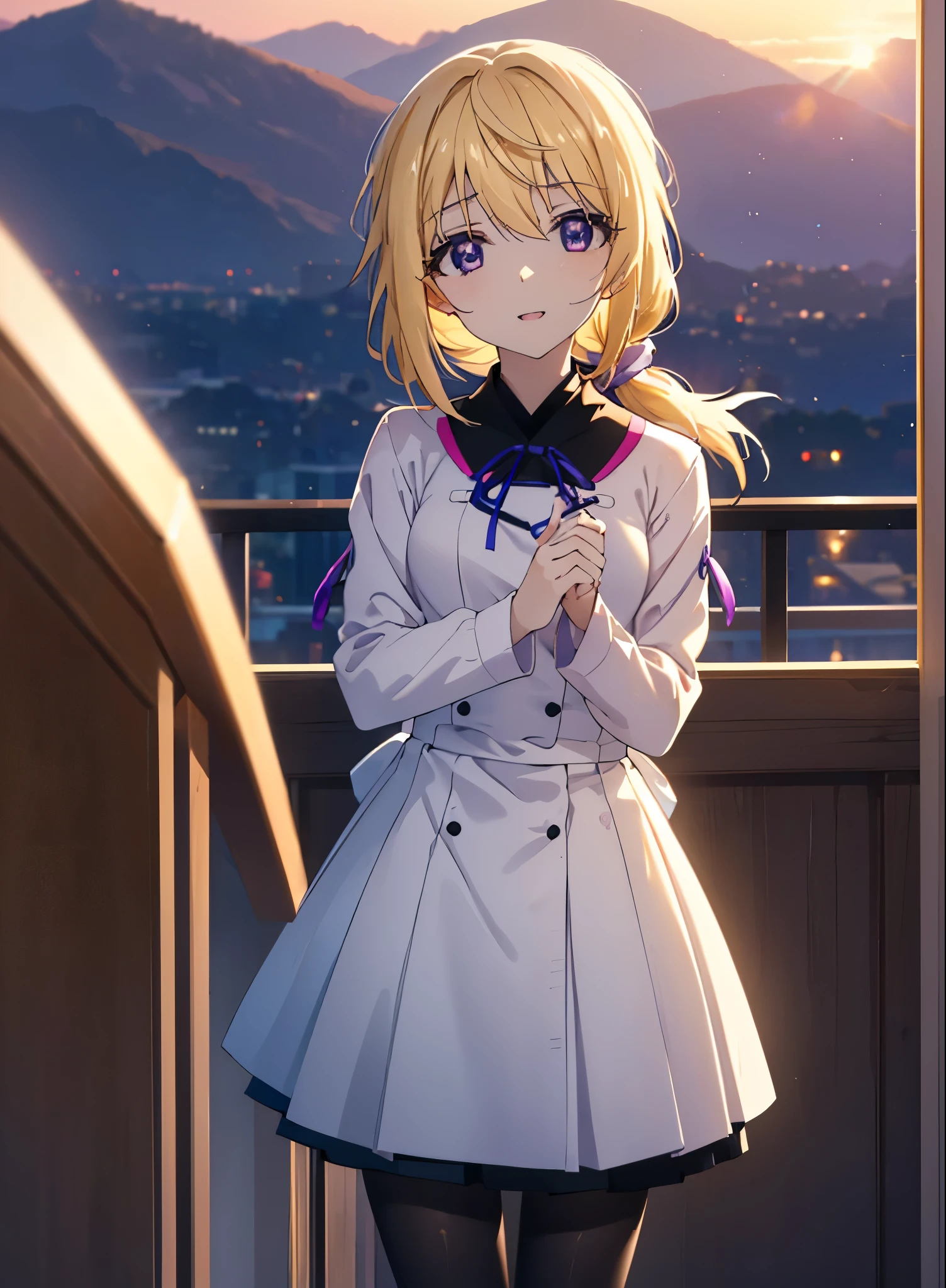 charlotte denois, Charlotte Dunois, long hair, blonde hair, ribbon, (purple eyes:1.1), ponytail,happy smile, smile, open your mouth, break , japanese high school girl uniform(black sailor suit),black pleated skirt,white pantyhose,brown loafers,walk,sunset,evening,the sun goes down,look from top to bottom,break putdoors, city,building street, break looking at viewer, (cowboy shot:1.5), break (masterpiece:1.2), highest quality, High resolution, unity 8k wallpaper, (shape:0.8), (fine and beautiful eyes:1.6), highly detailed face, perfect lighting, Very detailed CG, (perfect hands, perfect anatomy),