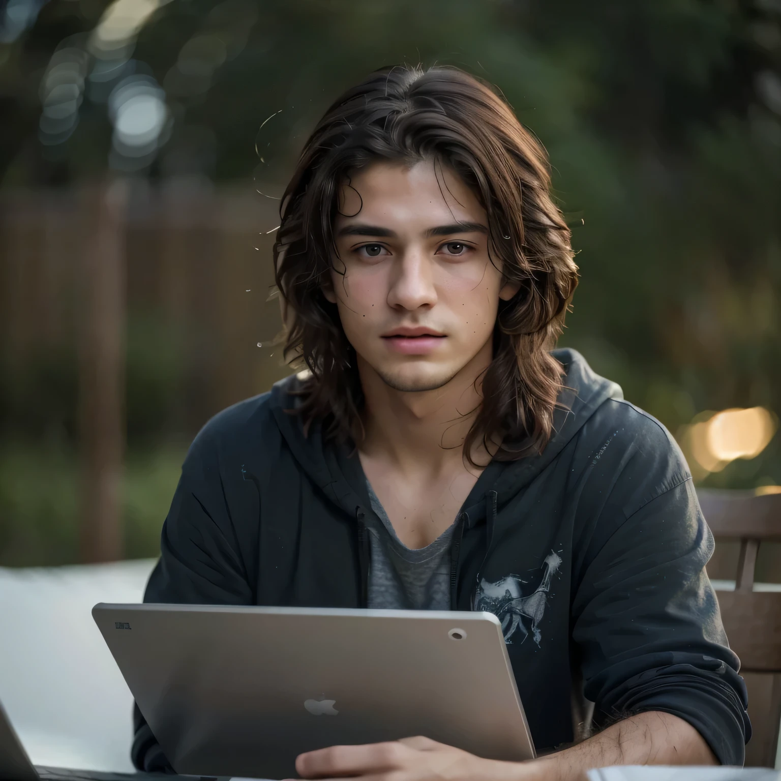 (8k, RAW photo, best quality, masterpiece:1.2), (realistic, photo-realistic:1.37), ultra-detailed, masterpiece HDR high quality Picture a young boy, 17 years old, handsome man, long black messy hair to his shoulder, sharp eyes, blue hoodie, working on the laptop, expressing a sense of perplexity and curiosity, with a touch of humor, creating a warm and relaxed atmosphere, captured in high resolution (best quality, 4k), with ultra-detailed features, realistic colors, and a touch of bokeh, reminiscent of a candid snapshot.