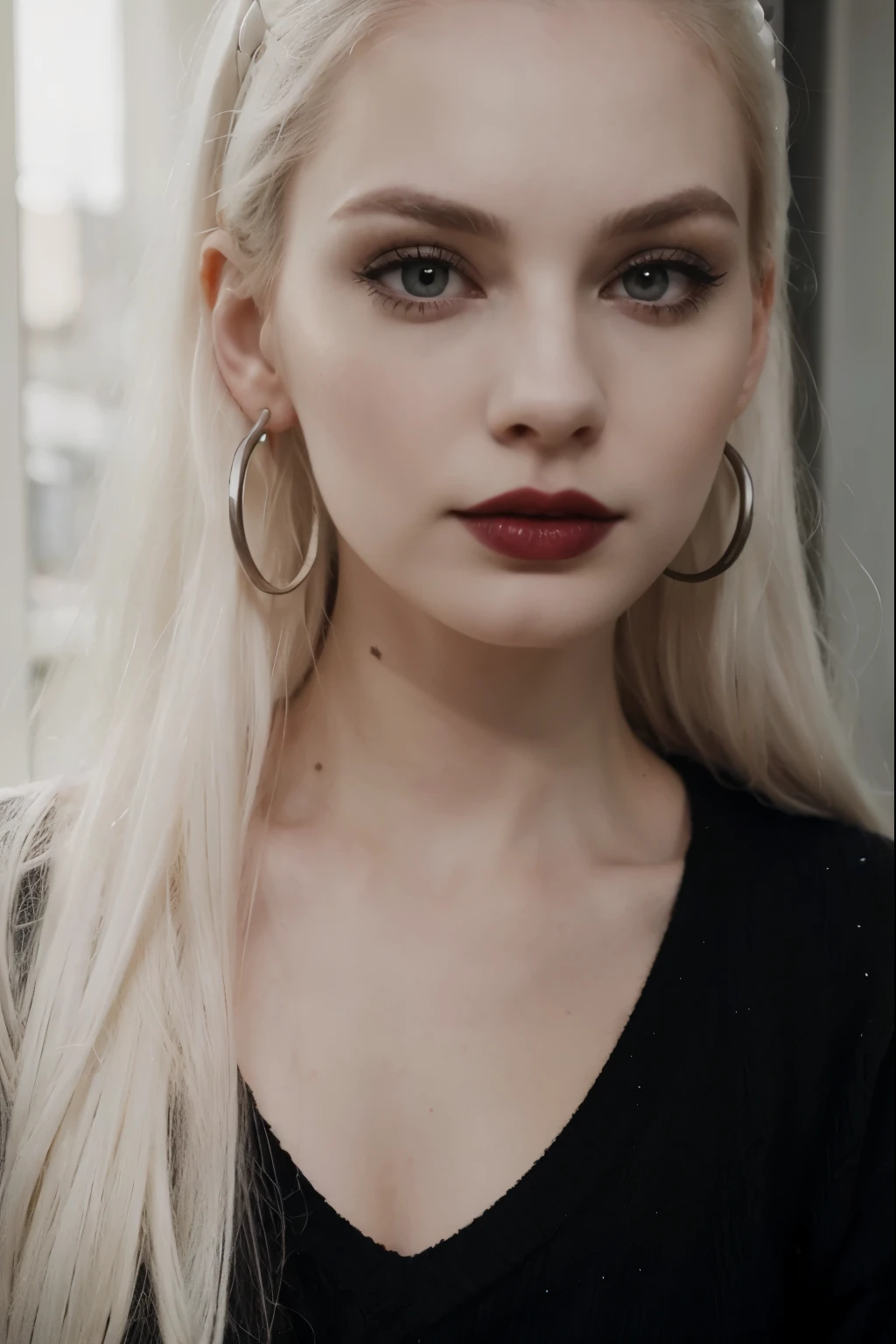 a close up of a person with a nose piercing and a black sweater, a character portrait inspired by Louis Le Nain, reddit, lowbrow, extremely pale white skin, septum piercing, piercing stare, pale skin and dark eyes, very pale white skin, very very pale white skin, sexy face with full makeup, goth girl aesthetic, half red, heavy makeupa close up of a person with a nose piercing and a black sweater, extremely pale white skin, septum piercing, piercing stare, pale skin and dark eyes, very pale white skin, very very pale white skin, sexy face with full makeup, goth girl aesthetic, half red, heavy makeup, big two toned eyes, red and black tones looking right at camera,