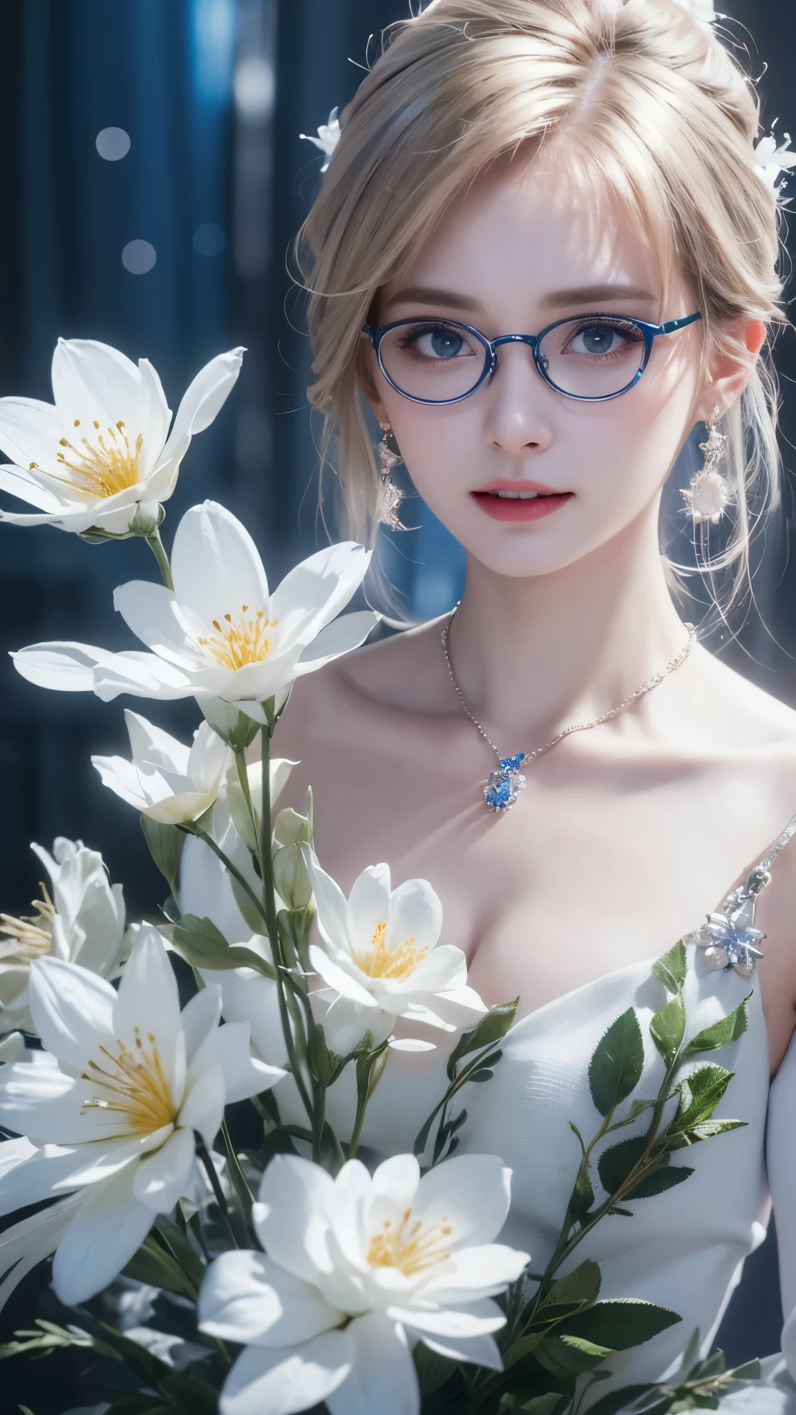 chef-d&#39;artwork, best quality, Illustration, Cheveux bleus saxophone, boucles d&#39;oreilles en platine, collier en platine, White evening dress with high collar, 1 fille, Beau, (dynamic lighting:1.2), Cinema lighting, traits du visage exquis, yeux bleus délicats, Wear half-rimmed glasses（Se concentrer），Sharp pupils, Student Realist, profondeur de champ, Bokeh, SharpSeconcentrer, (super detailed, floraison, briller:1.4)