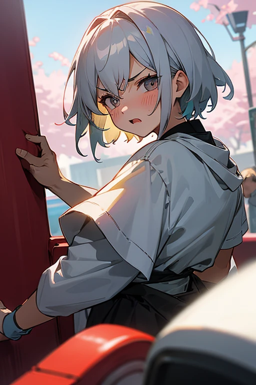 short gray hair, blush, spring clothes、cute、anger、Gets angry violently、