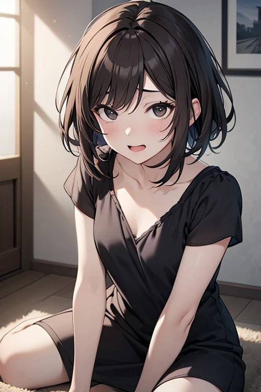 (selfie),masterpiece, High resolution, High Definition CG Unity 8K, Raw photo, Beautiful and detailed face, detailed hair texture, beautiful face,Accurate,(black eyes: 1.2), (small breasts), (light brown hair), (very short hair), (messy hair: 1.1), (asymmetrical bangs), (simple dark gray dress:1.2), (dynamic angle:1.3),(embarrassing:1),(Troubled laughter),painful,(at night),room,sit on the floor,