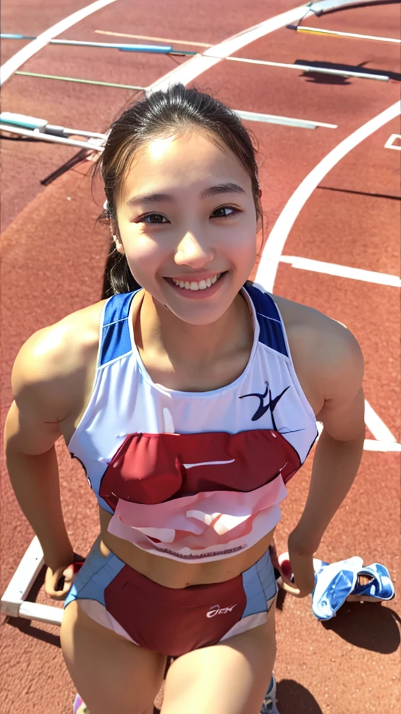 masterpiece、ultra high definition photoiddle distance track and field athlete、white uniform、racing spikes、ponytail、natural makeup、full shot、female university student、they are practicing well、looking at the camera、smile、Accurate and detailed face, eyes, lips and nose、sweaty skin、beautiful and smooth skin、I&#39;m on the track at an athletics stadium、Angle of view from above