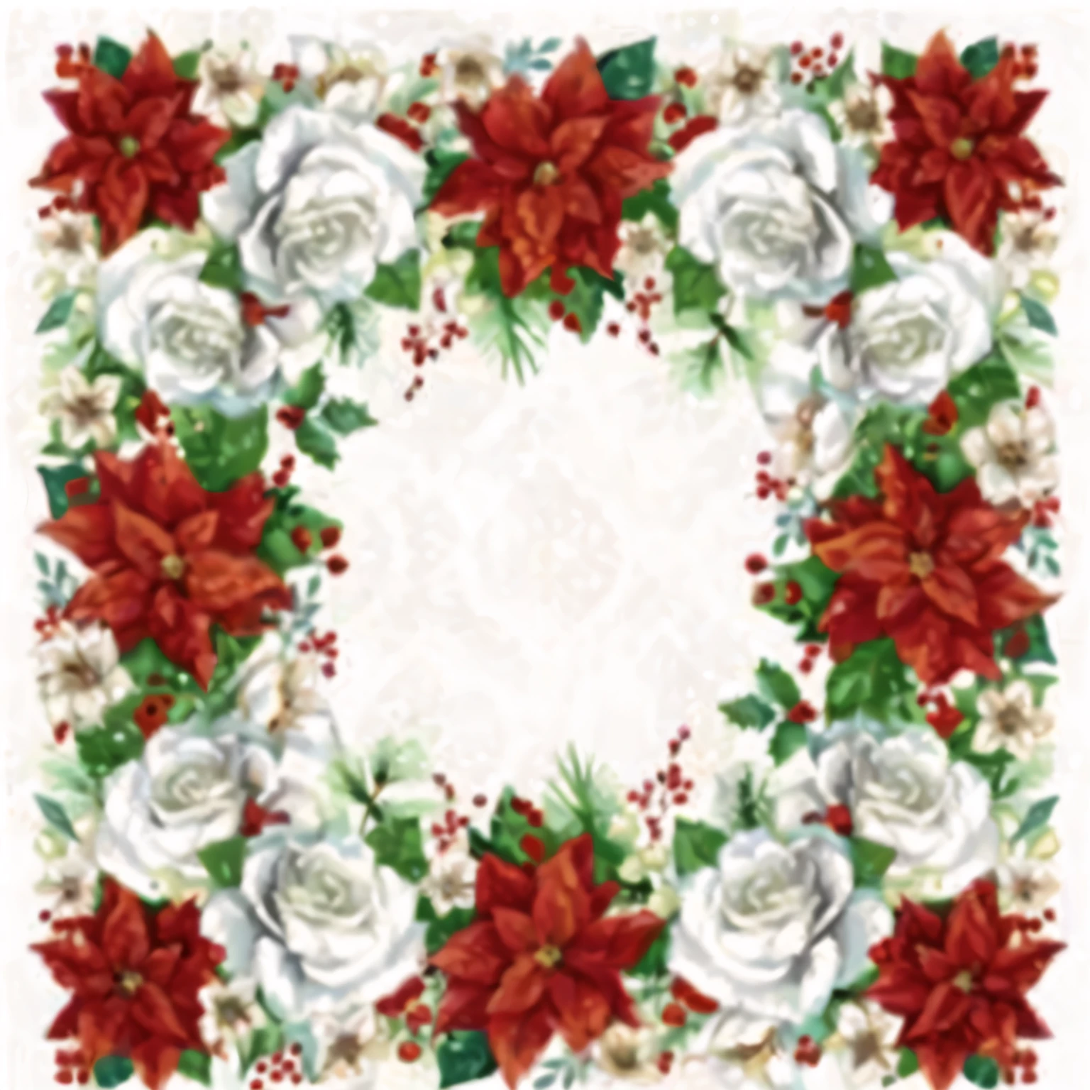 White and red poinsettia and holly wreath on white background, stunning design, white and red roses, large white border, surprisingly, 3 2 x 3 2, Retro look, on a sumptuous tablecloth, elegant, Astonishing, holiday, white border, On a white, very beautiful, by Lynn Pauley, xxl, -h 512