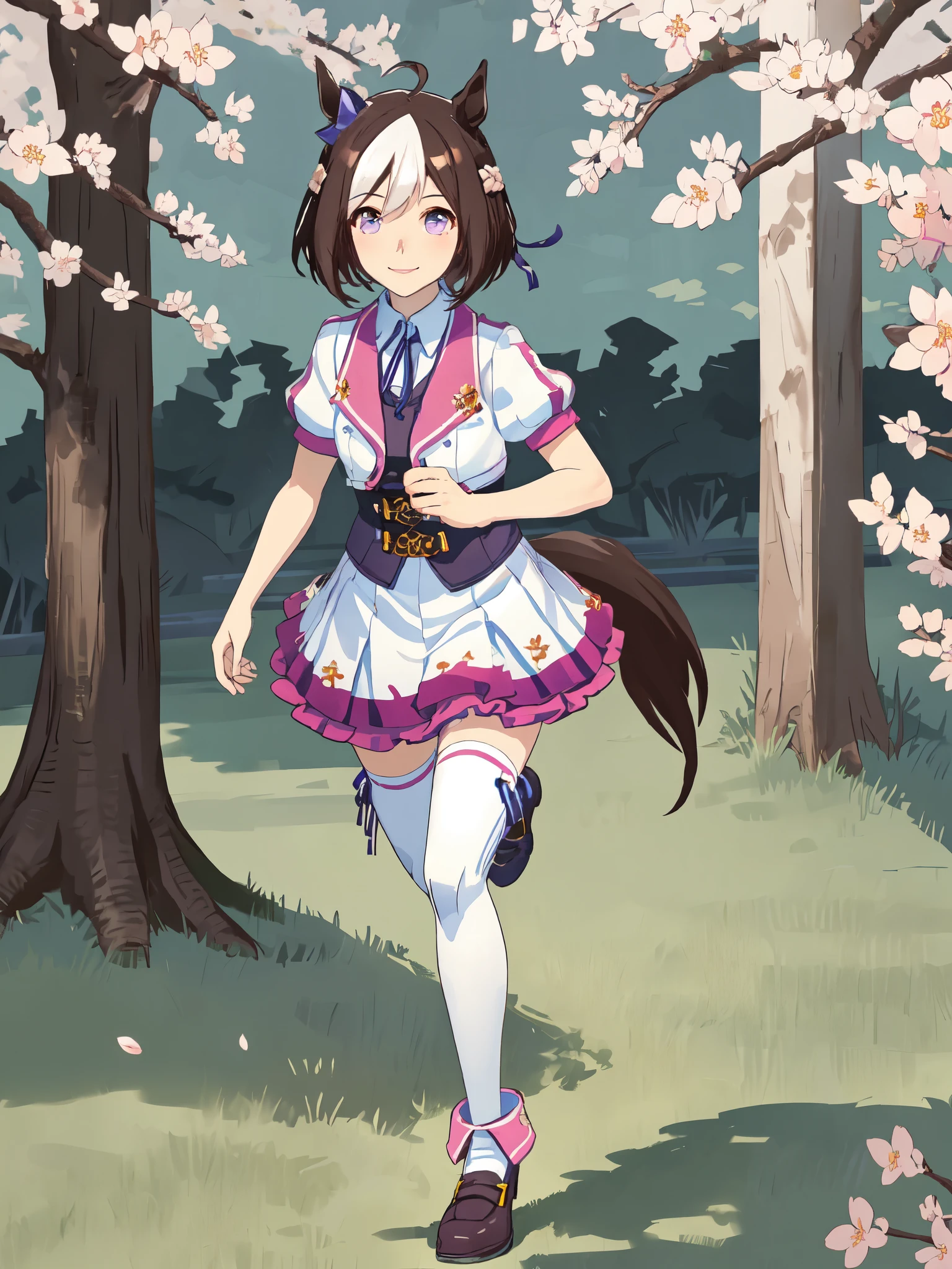(8k, RAW photos, top quality, masterpieces), (solo, 1 girl, ahoge: 1.2) , Chinese ink painting, horse girl, glint, ears covering hair, horse ears, horse tail, special week \(umamusume\), shobufuku, white collared shirt, puffy short sleeves, ribbon, bow, corset, white thighhighs, asymmetrical footwear, mismatched footwear, from above, , Official costume, competition uniform, smile, short hair, skirt, tail, seductive smile, five fingers, (smile:1.6),(looking at the camera), dynamic lighting, High resolution, sharp focus, depth of field, fashionable, elegance, charming, seductive, gorgeous, stunning, charming cleavage, lovely, charming, cute, beautiful detailed face, beautiful detailed eyes, moderate bust, smooth skin,Running towards me, feeling like I'm running, sweating, dynamic angle, perfect composition, the pleasant sunlight, the soft sunlight,small-catchlight, beautiful lighting, full body, ((Running on the grass, cherry blossoms in full bloom))