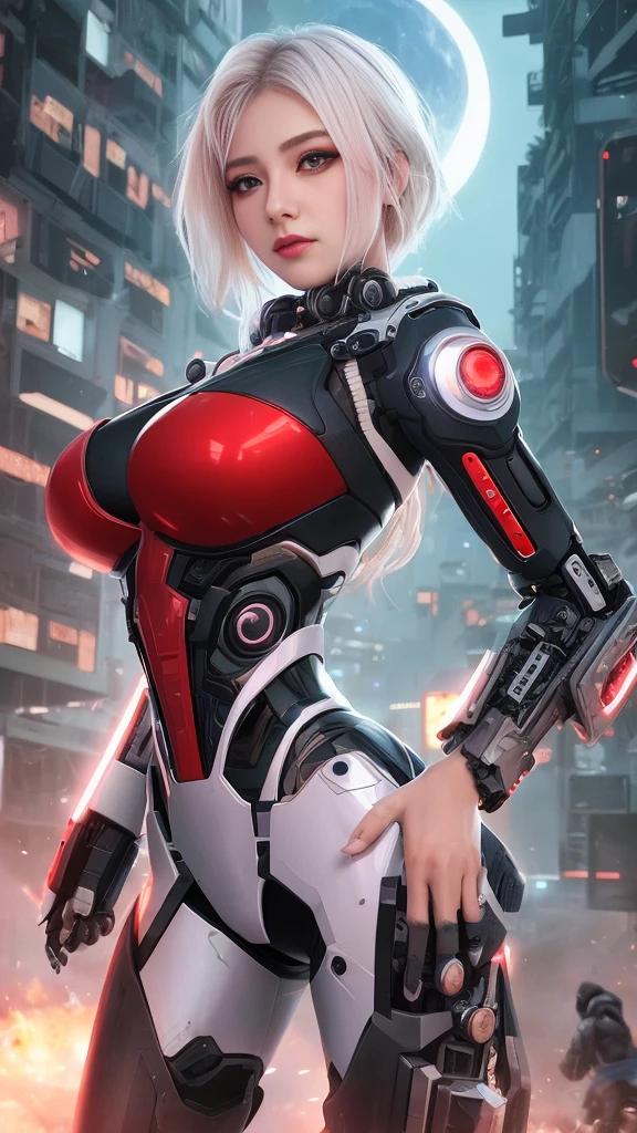 (8k, masterpiece, best quality), ultra-detailed, detailed beautiful round eyes, beautifully detailed face, high quality, high resolution, cyberpunk girl, massive breast, mecha, ruins, perfect anatomy, white hair, perfect face, nighttime, red moon background