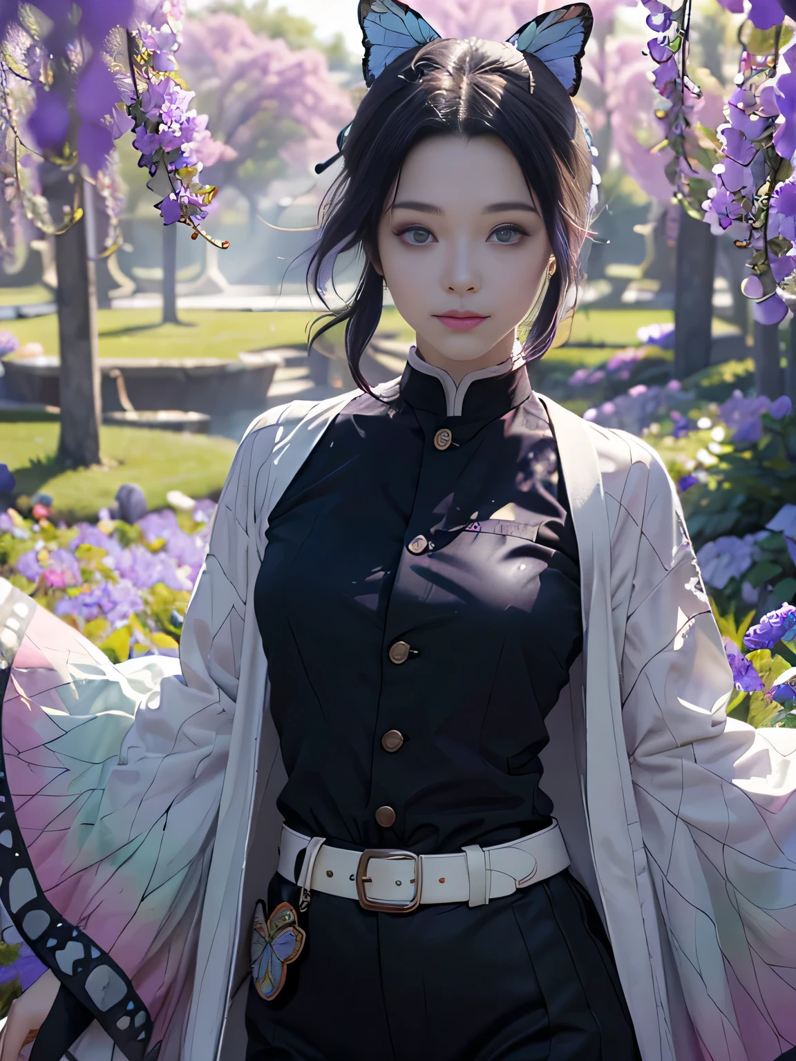 Ultra-realistic 8k CG, masterpiece, close, beauty, goddess, from the front, from the front, face sticking out, (super detailed background, delicate pattern, intricate details)), high quality, highly detailed face, highly detailed eyes and face, highly detailed eyes, kocho shinobi, colorful hair, No bangs, hair intake, purple eyes, amount, black shirt, black pants (Haori, butterfly, button, belt, (garden: 1.2), purple flowers, Chibi, cloudy null, sunlight, Tyndall effect, Slope_null, face, gorgeous null, Sword at the waist,