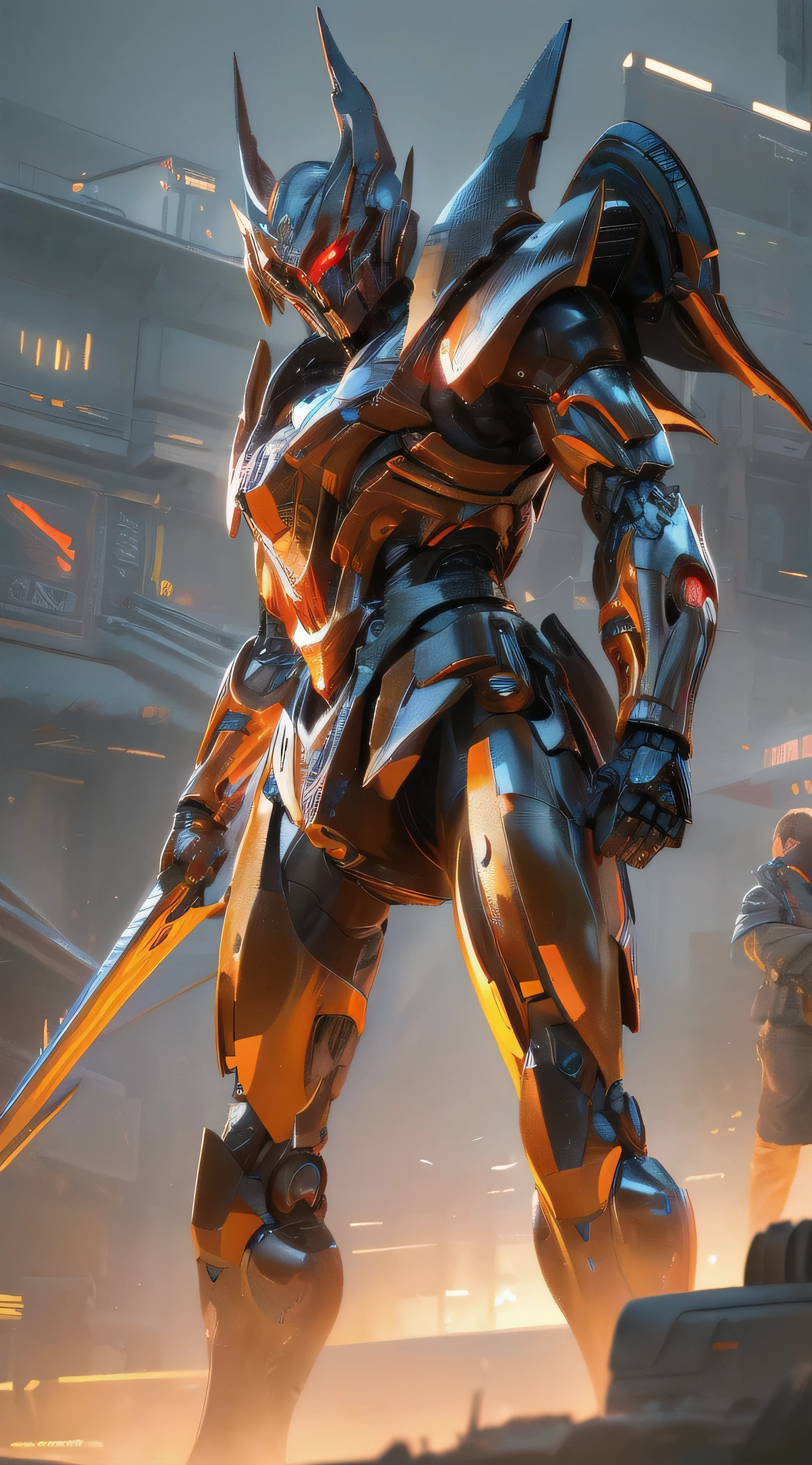 (an 8K,highres,ultra-detailed,masterpiece:1.2) cyborg warrior with a metallic body and glowing red eyes, (realistic,physically-based rendering) reflecting light in a mesmerizing way. Equipped with a powerful arsenal of futuristic weaponry, this (ultra-fine painting) masterpiece portrays the ultimate fusion of technology and warfare. The robotic soldier stands tall, with intricate (mechanical joints and pistons), radiating strength and power. Its (sharp focus) showcases the most intricate details of its armor, accentuating the futuristic design. The background is a dystopian cityscape, bathed in (vivid colors) that contrast the cold metallic hues of the robotic warrior. The lighting is (studio lighting:1.1), casting dramatic shadows and enhancing the overall atmosphere. With an influence from (sci-fi) and (concept artists), this artwork transports us to a world where advanced technology and art converge, captivating our imagination and blurring the lines between reality and fantasy.