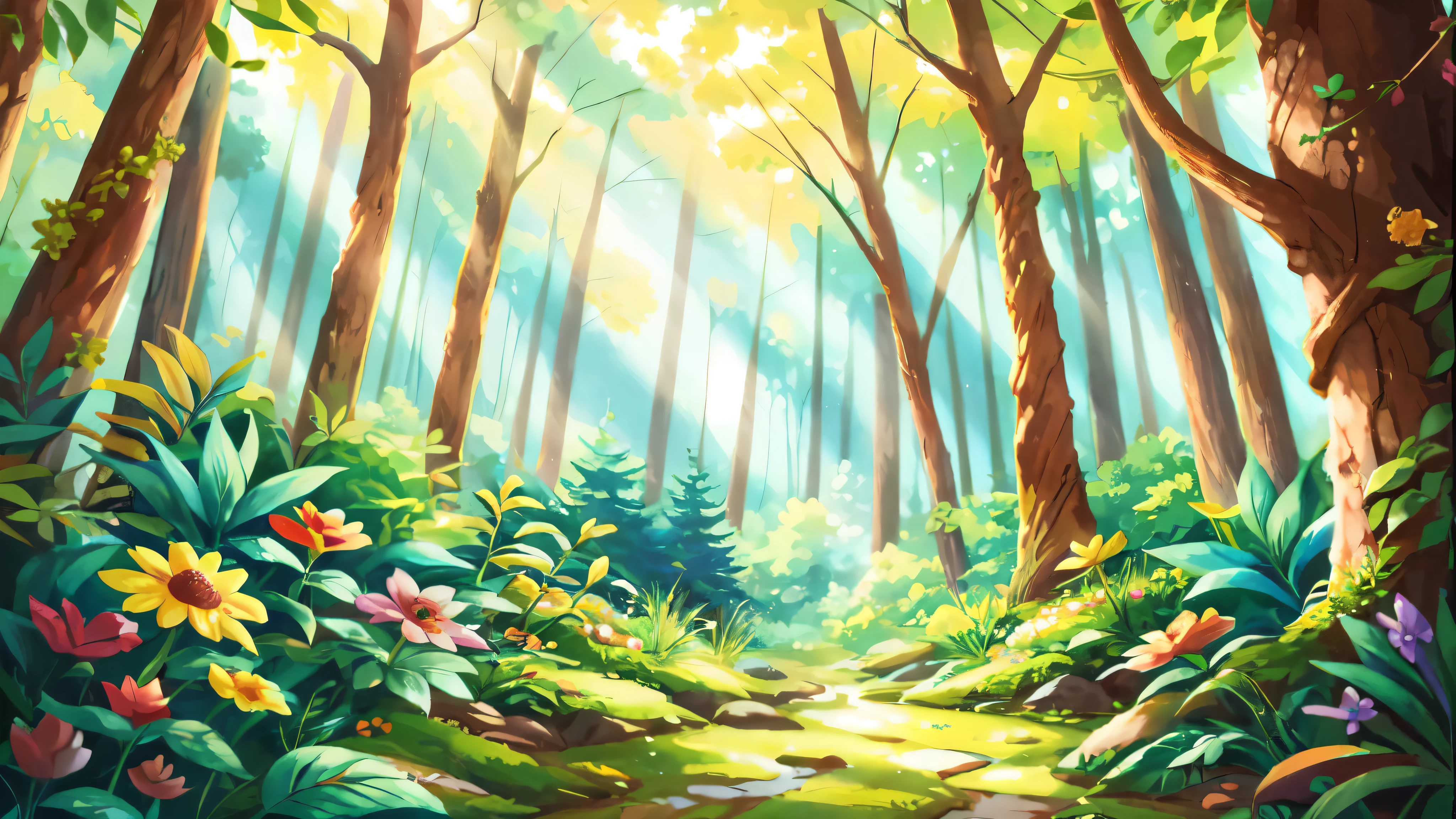 picture of a forest with a path and flowers, Magical forest background, Magical forest background, anime curvy john 8k forest, background artwork, background art, anime background art, Fantasy forest background, Magic forest in the background, elf forest background, Bright forest, Fantasy forest background, fantastic forest landscape at day, forest drawing elegant, fantastic forest landscape, forest glade landscape