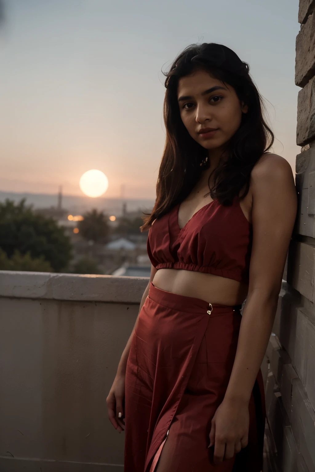 Indian girl wearing red colour nighty in moon light