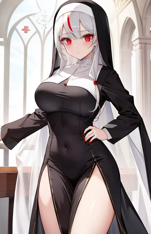 1girl. nun. nun costume, large breasts, sexy, red eyes, white hair