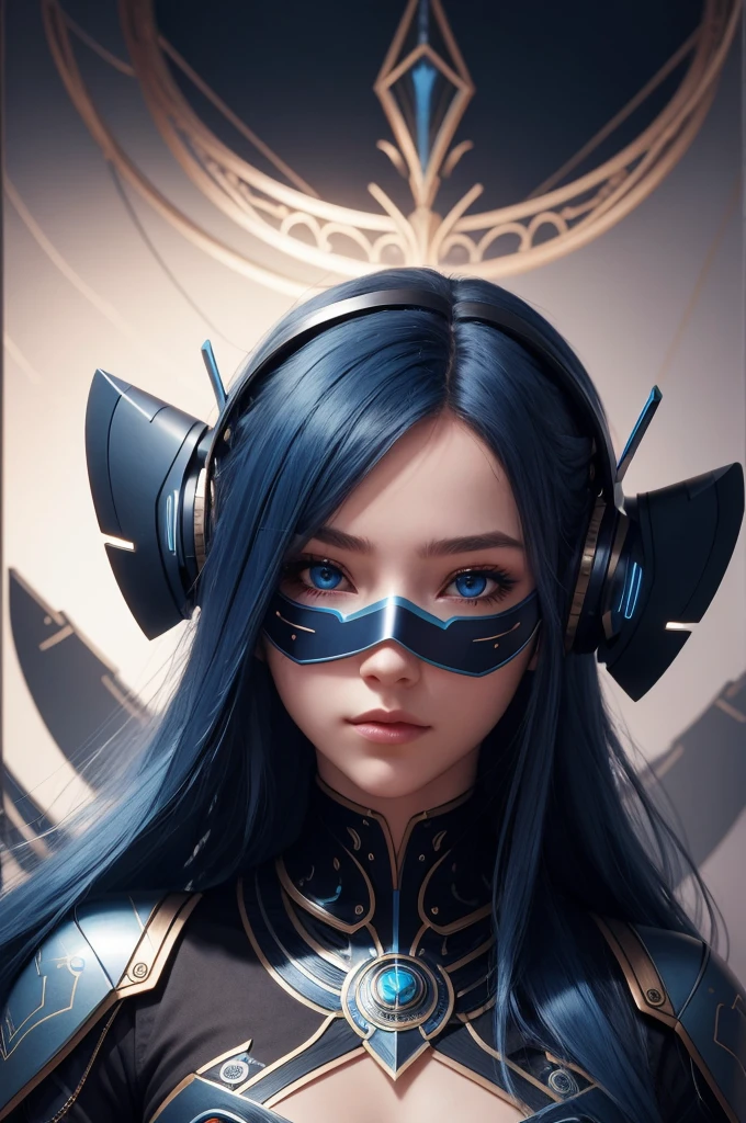 girl with long blue hair, blue eyes, futuristic vibes, mask on mouth, headphones, 8k, high quality, simple background, glowing eyes, nice pose