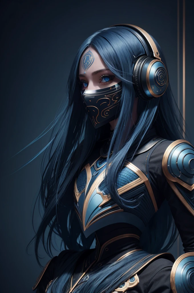girl with long blue hair, blue eyes, futuristic vibes, mask on mouth, headphones, 8k, high quality, simple background, glowing eyes, nice pose