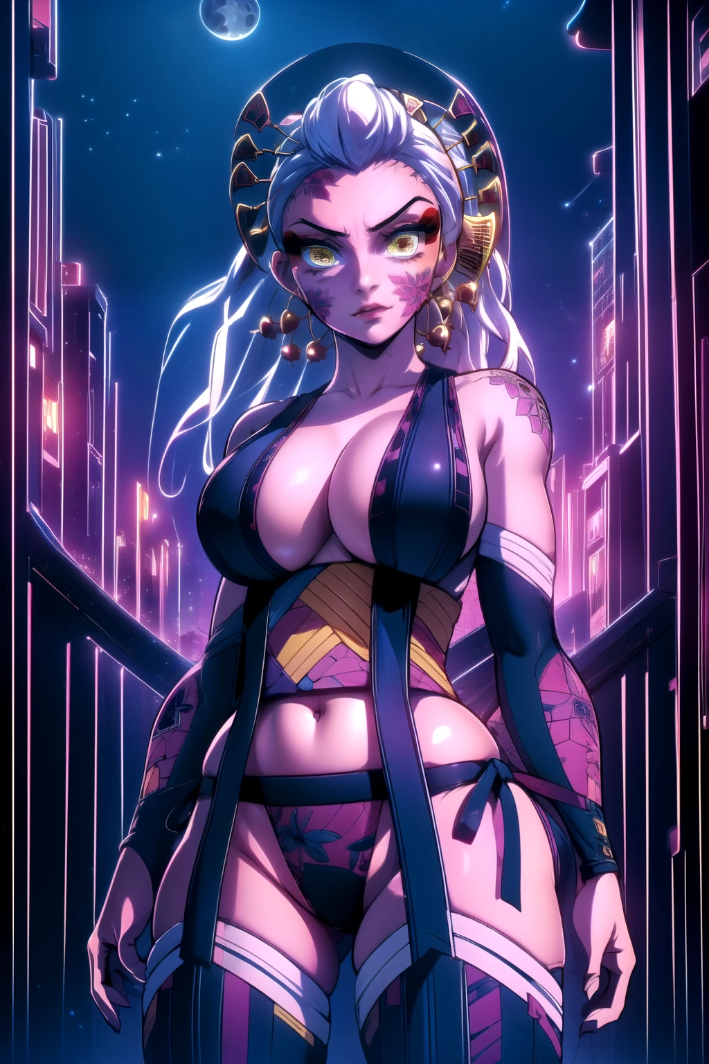 (best quality:1.2), 1girl, (masterpiece:1.2), raytracing, cute face, perfect face, ultra detailed,detailed face, 8k wallpaper, wide hips, DakiDM_NDV, 1girl, demon eyes, yellow eyes, white hair, japanese clothes, hair ornament, facial mark, thighhighs, makeup, side-tie panties, sideboob,cowboy shot,background old town ,night time ,moon,purple light