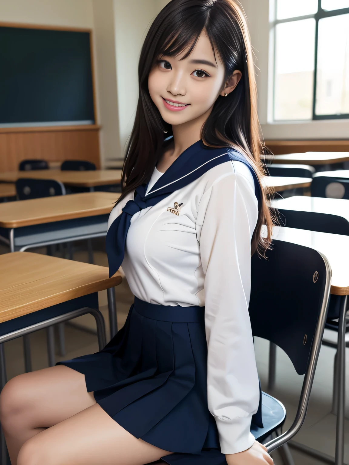 8K, highest quality, real image, intricate details, Super detailed, ultra high resolution, depth field,(realistic,realistic:1.2), (small breasts:1.2), japanese girl, very beautiful girl, (beautiful breasts:1.5, highly detailed eyes:1.2), (beautiful breasts:1.1), bangs, perfect skin, Fair skin, tight waist, looking at the viewer, black hair, hair behind the ear, shoulder hair, long hair, no makeup, in a high school classroom, During class, (gentle smile:1.2), (high school sailor suit:1.2), (navy pleated skirt:1.2), Sit next to the viewer, (sitting on a chair)