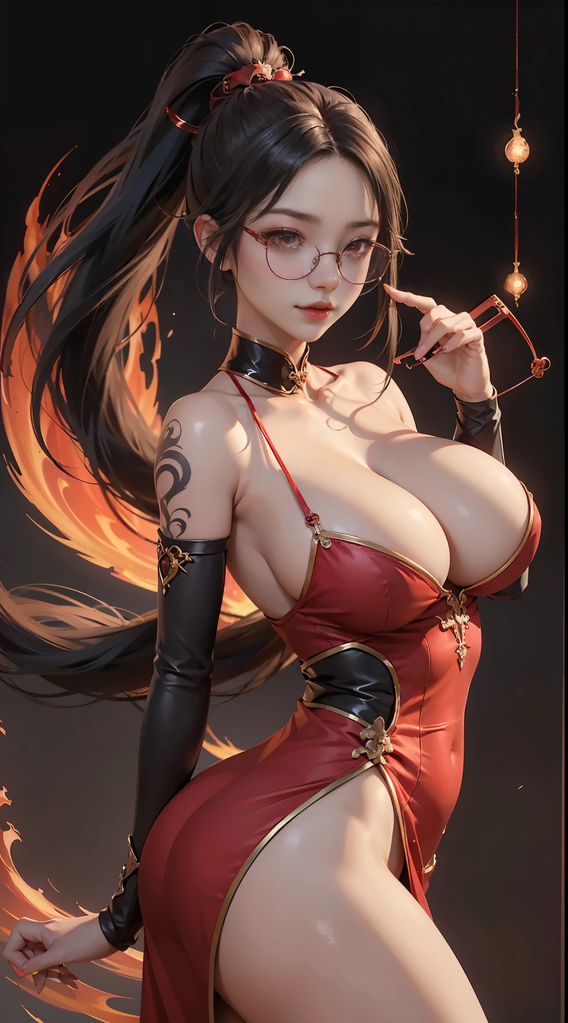 Are you okay、(best illustrations)、8k UHD resolution、intricate details、highest quality、realistic、super detailed、best lighting、best shadow、soft lighting、ultra hd、Super realistic、Tyndall effect、Photoreal、(high detail skin:1.2)、 (intricate details, compensate, Pueros face_V1:0.5), (Beautiful and delicate face in every detail, Fine, beautiful and delicate eyes, perfectly proportioned face, high definition skin, fine skin, Optimal ratio of 4 fingers and 1 thumb, arm under chest, red tattoo on lower stomach、Wow wow, wide hips, smooth abdomen, skin is thin and thin, __fashion__, __hair__:1.25)、Digital single-lens reflex camera、 absurd、1 Beautiful devil woman from hell, デヴィッド・ホックニーとアルフォンス・ミュシャによる超realistic女性のポートレート, Portrait of a seductive woman、fantasy art, Chinese humanoid、chinese actress、dungeon、dragon、devil's palace、devil's torture chamber、night、dark style 、in the dark、(detailed spooky background:0.8), magic、 1 girl、evil nun、dark necromancer、Succubus、devil's daughter、Umi Shinonome、bat wings,(((devil's horns)))、 ((((giant glasses, otaku glasses, thick glasses, round glasses)))),(((big breasts)))、(devil's tail)、(red eyes shine:1.6)、The eyes are very sharp and detailed, The eyes are made up very nicely, ((red eyes:1.0)),intricate tattoo, demonic intricate tattoo, thigh tattoo, body tattoo, masterpiece、the most beautiful face、baby face、cute smile、A captivating body with plump and beautiful red lips、devil's enchanting body、devil style、enchanting black magic costume、The long-haired、Braid、Black hair、Ponytail distortion、, Ponytail with a bow tied at the back of the hair, beautiful expression、body up、big breasts emphasis、bust, super tight chest, Breast augmentation surgery, Breasts are very big and round,tight waist、wide ass、 low key, cowboy lens, (red phoenix dress: 1.0), devil's crown, bright red jewel necklace、Jewelry Gwise, wearing black mesh socks,Wearing light red、nffsw, nffsw, Meeting beautiful girls, look at the girl's body,