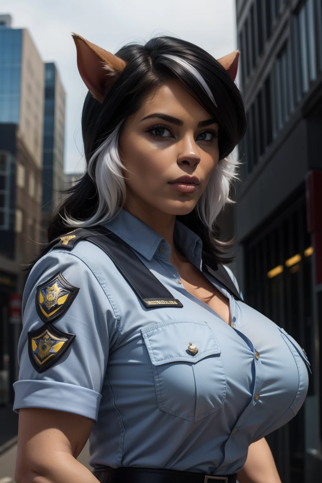 (masterpiece, realistic:1.3), (high quality, detailed:1.3), (huge breasts:1.2), (muscular female:0.8), (catgirl, anthro. no human, furry:1.4), (grey collared shirt, police uniform:1.2), (cleavage), (portrait, upper body, blank background:1.1), felinaferal, black hair, (white hair:0.8), two-tone hair, long hair