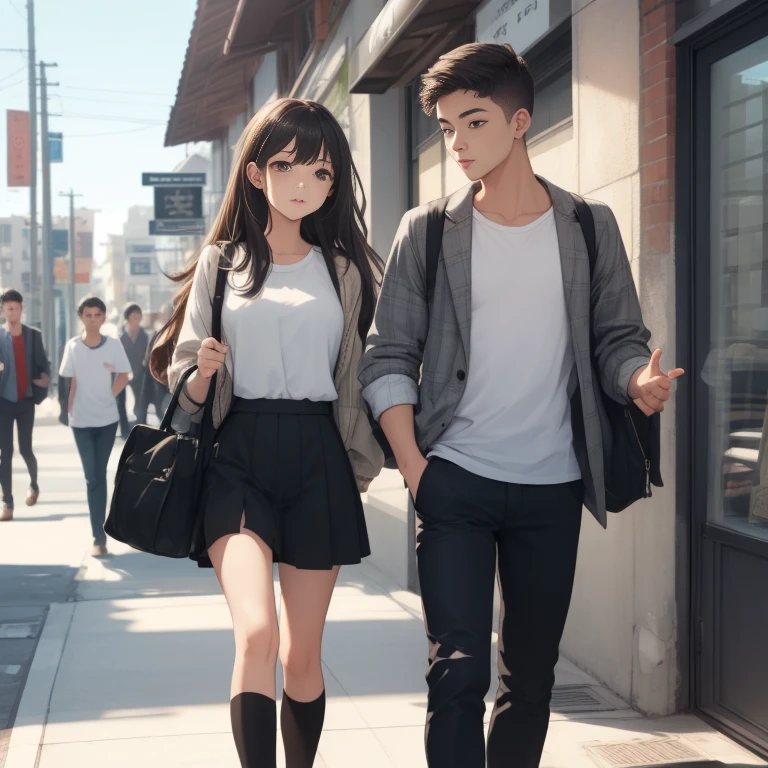 A cute korean girl wearing a school unifrom walking to a cafe with her boyfreind, boyfreind is cute, badboy