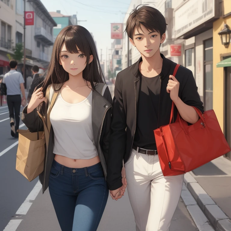 A cute korean girl wearing a school unifrom walking to a cafe with her boyfreind, boyfreind is cute, badboy