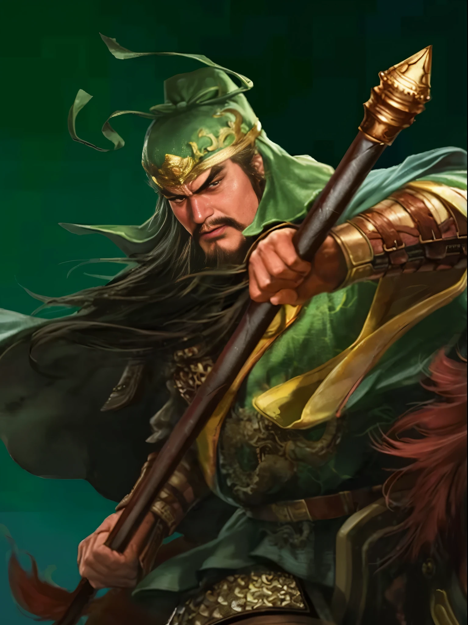 Close-up of a man with a sword and green clothes, Guan yu, bian lian, Inspired by Huang Shen, Inspired by Hu Zaobin, feng shu, Inspired by Li Kan, Yang Qi, Inspired by Huang Ding, Inspired by Wu Bin, zhao yun, hua cheng, Inspired by Dugin, xianxia hero