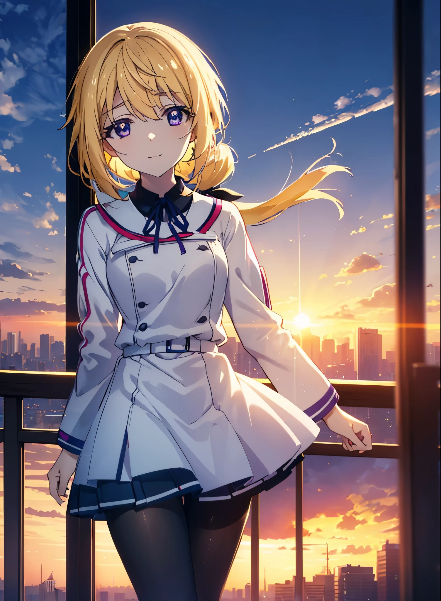 charlotte denois, Charlotte Dunois, long hair, blonde hair, ribbon, (purple eyes:1.1), ponytail,happy smile, smile, open your mouth, break , japanese high school girl uniform(black sailor suit),black pleated skirt,white pantyhose,brown loafers,walk,sunset,evening,the sun goes down,look from top to bottom,break putdoors, city,building street, break looking at viewer, Upper body,(cowboy shot:1.5), break (masterpiece:1.2), highest quality, High resolution, unity 8k wallpaper, (shape:0.8), (fine and beautiful eyes:1.6), highly detailed face, perfect lighting, Very detailed CG, (perfect hands, perfect anatomy),