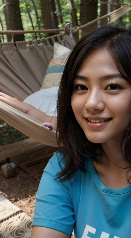 a woman laying in a hammock in the tree, a picture, inspired by Naza, tumblr, Japaneseism, with a beautifull smile, asian, profile pic, good young girl, on hammock, selfie, old picture, leaked, in a forest, facebook, with blue shirt, sweet and smiled politely