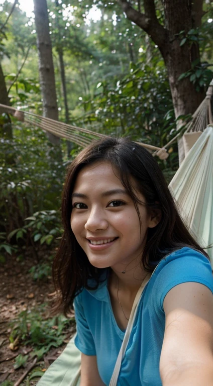 a woman laying in a hammock in the tree, a picture, inspired by Naza, tumblr, Japaneseism, with a beautifull smile, asian, profile pic, good young girl, on hammock, selfie, old picture, leaked, in a forest, facebook, with blue shirt, sweet and smiled politely
