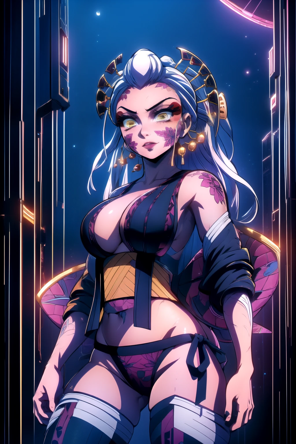(best quality:1.2), 1girl, (masterpiece:1.2), raytracing, cute face, perfect face, ultra detailed,detailed face, 8k wallpaper, wide hips, DakiDM_NDV, 1girl, demon eyes, yellow eyes, white hair, japanese clothes, hair ornament, facial mark, thighhighs, makeup, side-tie panties, sideboob,cowboy shot,background old town ,night time ,moon,purple light