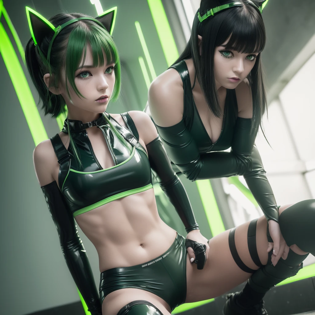 Cyberpunk Edge Runners, 1 Girl, Lucy \ (Cyberpunk \), Green Eyes, Cyber Eye, , Pale Skin,  Figure, (Medium Chest, Wild Girl, Small Head)), Sunlight, Sunlight, (Perfect Body: 1,1), (Young), (Short Wavy Hair: 1,2), ((Green and Black Two-Tone Hair)), (Hair with Bangs)), Collar, Full Length, Crowded Street Black latex panties, (wearing tight cropped ((green lightning pattern, black latex sports bra), (black latex panties)), (highly detailed CG 8k wallpaper), (very delicate and beautiful), (masterpiece), (best quality: 1.0), (super high definition: 1.0), gorgeous lighting, perfect flash, realistic shadows, [high resolution], detail skin, Very detailed, pale skin, barefoot,(green cat ears)