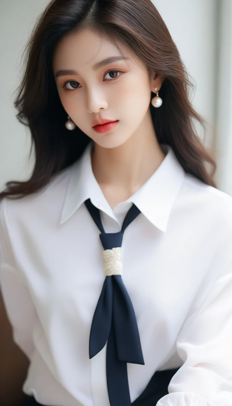 a close up of a woman with long hair wearing a white shirt, beautiful south korean woman, beautiful young korean woman, gorgeous young korean woman, popular korean makeup, young adorable korean face, beautiful portrait image, lovely delicate face, ig model | artgerm, beautiful aesthetic face, beautiful delicate face, gorgeous face portrait, with long hair and piercing eyes, korean girl