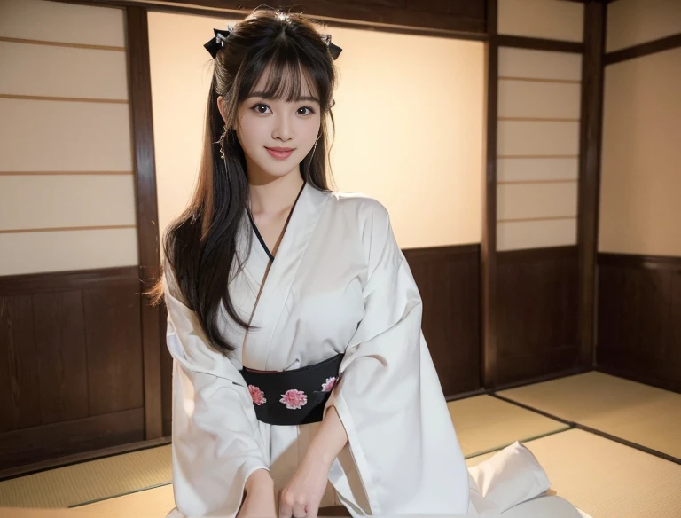 ((top quality、8K、Masterpiece:1.3))、bow、sexy,Big breasts,worship、welcome、fine seat、Japanese、perfect body beautiful:1.4、Transparent kimono:1.5、((fine hair))、 a smile, black hair, Bangs, Beautiful and delicate eyes,hostel、Kyoto、Tatami、Letter X on hanging scroll:1.2、