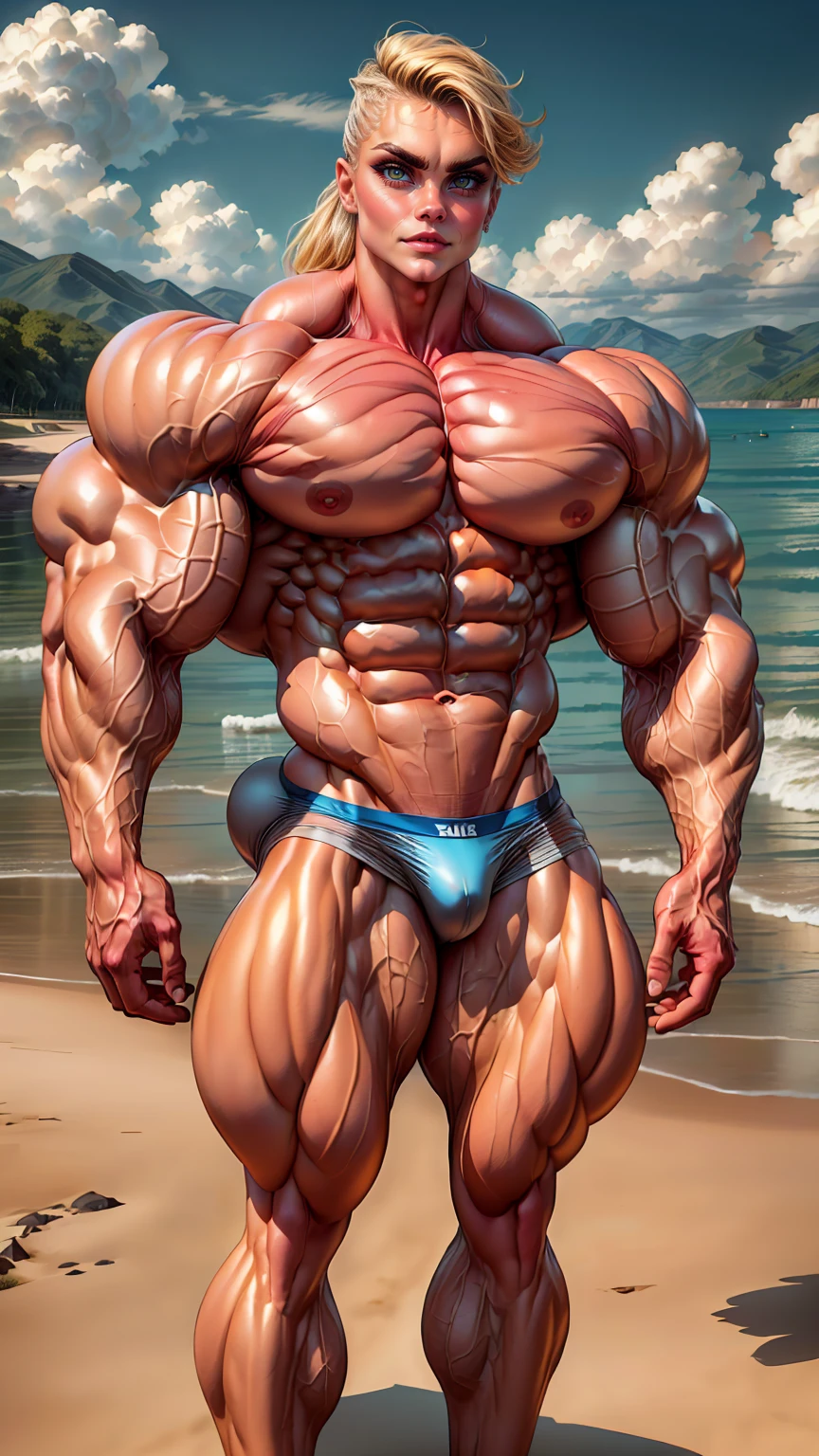 (1 girl:1.25), (cara delevingne:1.25), (a photo of a naked bodybuilder girl on the beach:1.25), (skinny legs:1.25), (huge upper body:1.25), (wide shoulders:1.25), (huge muscular arms:1.25,) (10-pack abs:1.25), (lots of veins:1.25), (latex panties), Realistic, Very detailed face and eyes, masterpiece