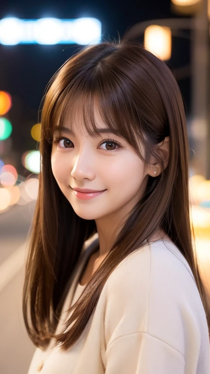 brown hair,medium hair,Female in her early 20s, small nose, with the correct look, Cute natural smile, Japanese facial features, Clean and cute face, cute realistic portrait, asian face, 8k photo, soft makeup,natural skin texture,Raw photo,highest quality,Full Body Shot,night view,Seductively Posing