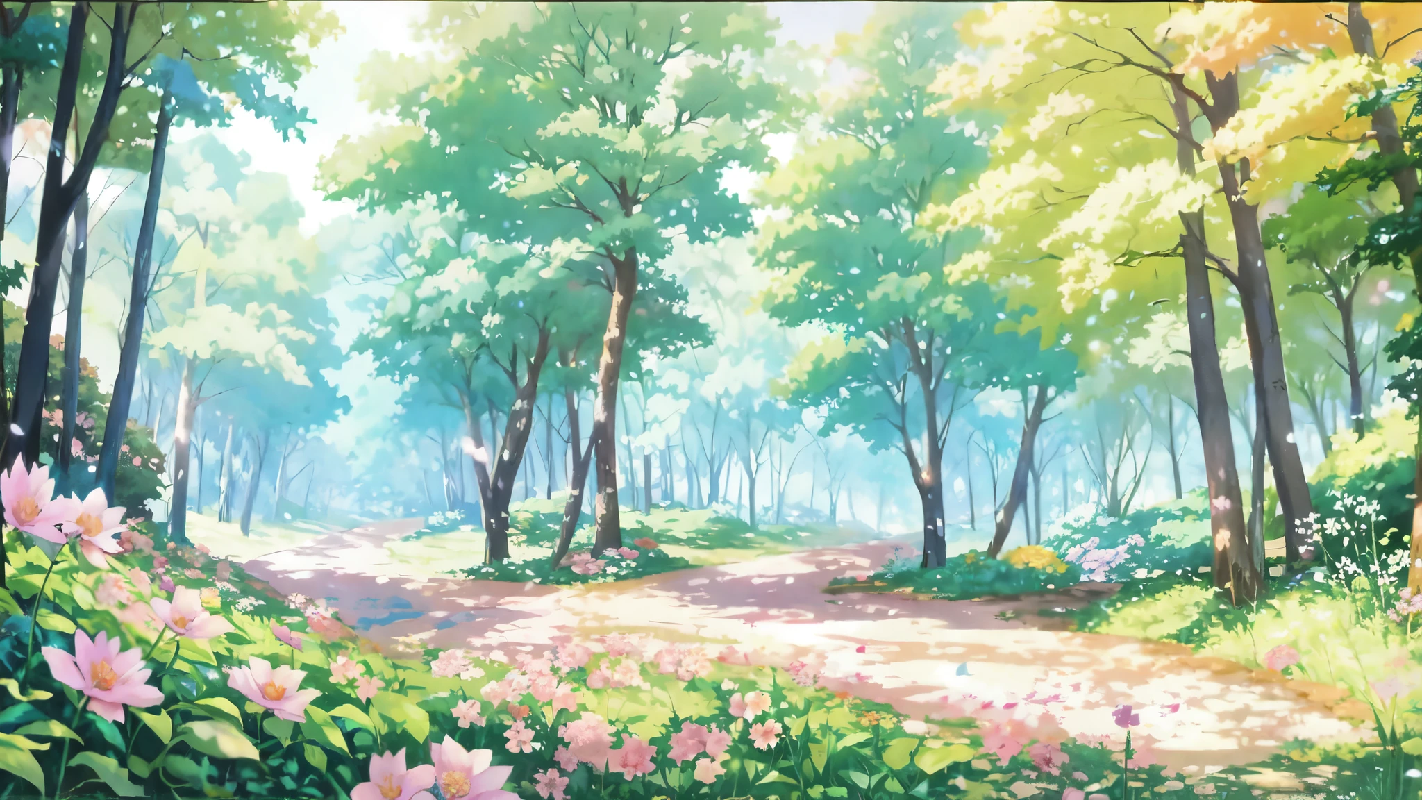 picture of a path in the forest with flowers and trees, anime background art, anime background, anime beautiful world scene, beautiful anime landscapeи, anime nature, anime nature wallpap, anime landscapeи, anime rural landscape, beautiful anime scene, anime curvy john 8k forest, anime landscape wallpaper, decorations, anime landscape, background art, anime landscapeи concept art, anime film background