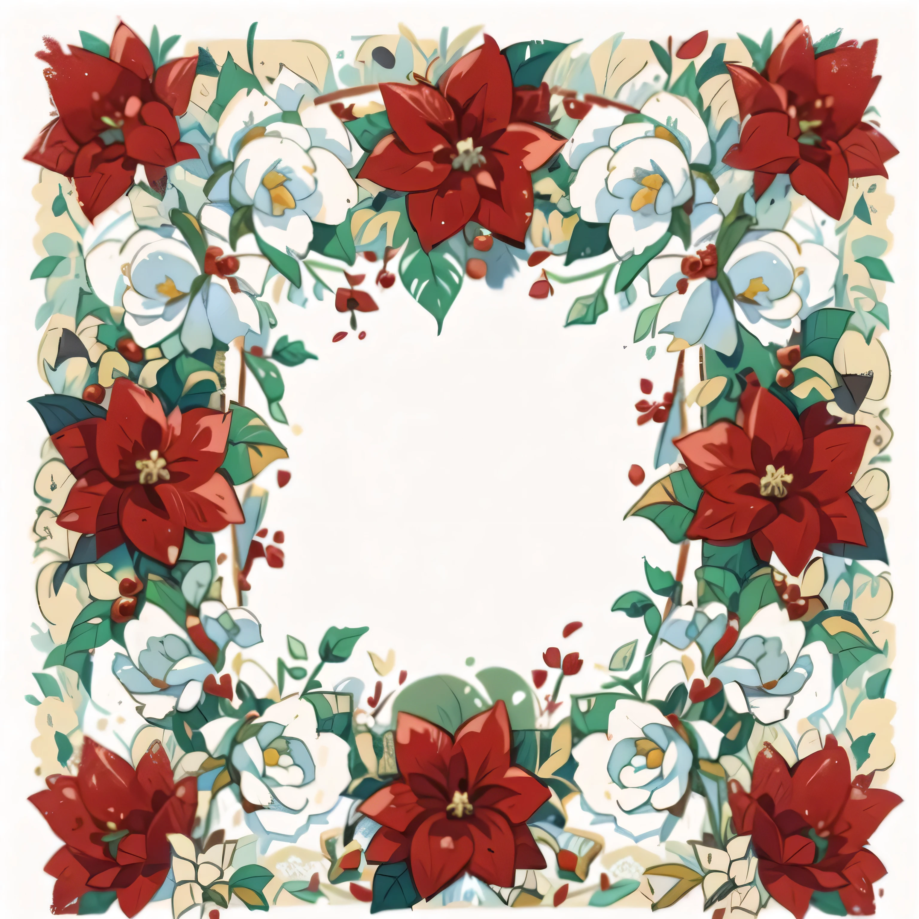 HD，White and red poinsettia and holly wreath on white background, stunning design, white and red roses, large white border, surprisingly, 3 2 x 3 2, Retro look, on a sumptuous tablecloth, elegant, Astonishing, holiday, white border, On a white, very beautiful, by Lynn Pauley, xxl, -h 512