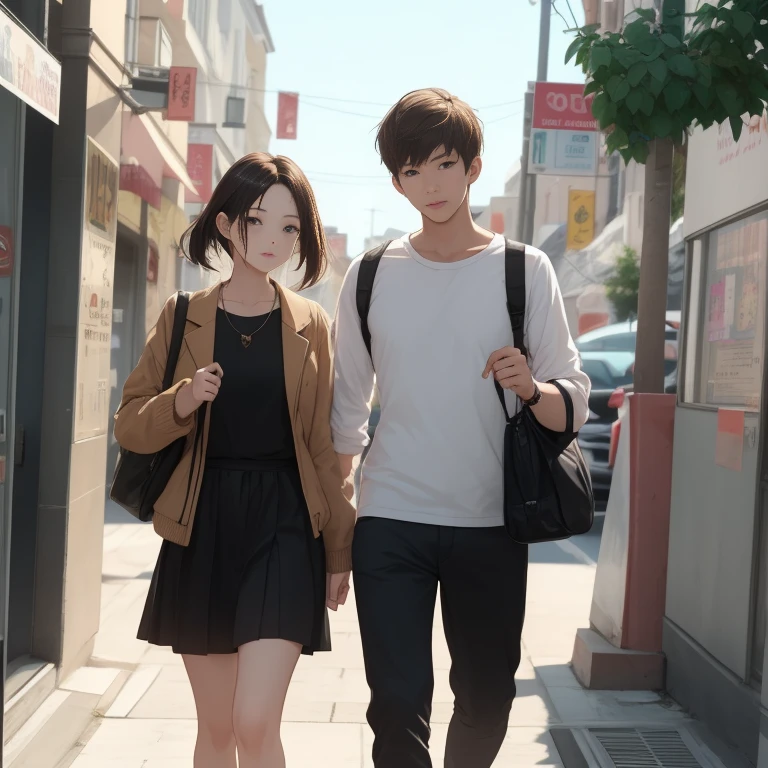 A cute korean girl wearing a school unifrom walking to a cafe with her boyfreind, boyfreind is cute, badboy