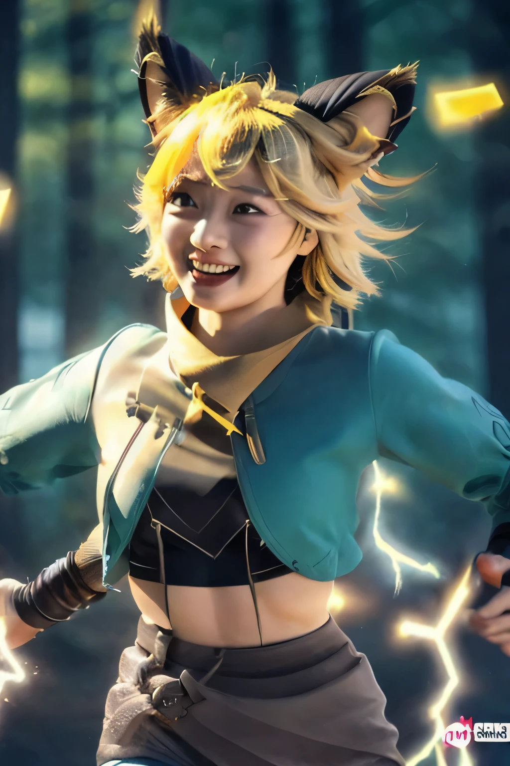 (masterpiece, best quality, high quality, highres, ultra-detailed),Joy_mlbb,1girl,short hair,blonde,animal ears,tail,midriff,navel,detailed eyes,electricity, running,